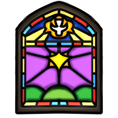 a stained glass window. it has a star over a hill, and a dove radiating light above that.